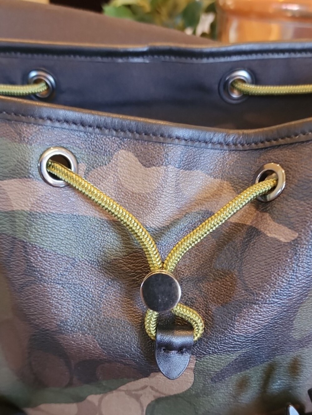 Coach Men's Camo Backpack with Black Leather Flap and Lime Green Logo - Picture 9 of 11